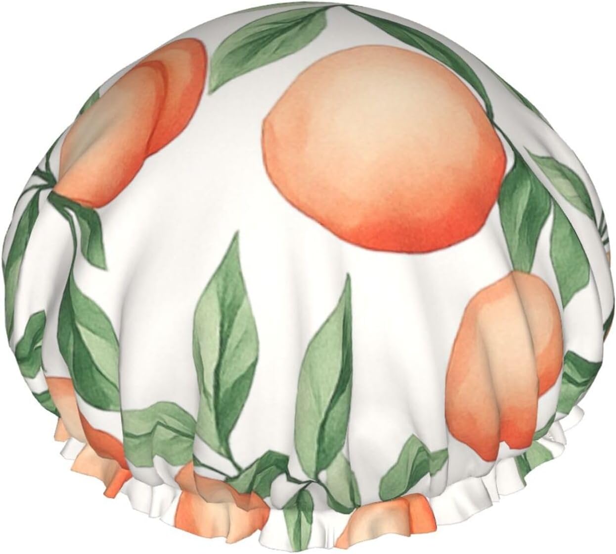Fresh Peach And Leaf Double Layer Waterproof Shower Cap Reusable Bonnet Elastic Band Hat