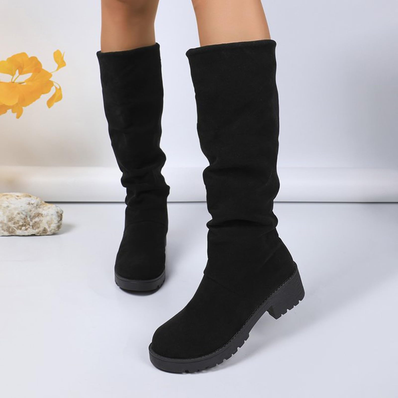 Generisch Kniehohe Stiefel Damen Blockabsatz Langschaftstiefel Rutschfest Hohe Schlupfstiefel Dicker Sohle Halbstiefel Runde Herbst Winter Schlupfschuhe Outdoorschuhe Winterstiefel Overknees Stiefel