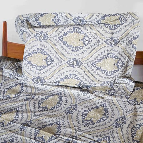 Image of Pure Source India Pure Cotton Elegance Bedding Set, Dreamy Cotton Comfort Double Bed Sheet with Pillow Covers (Jaipuri Olive Blue)