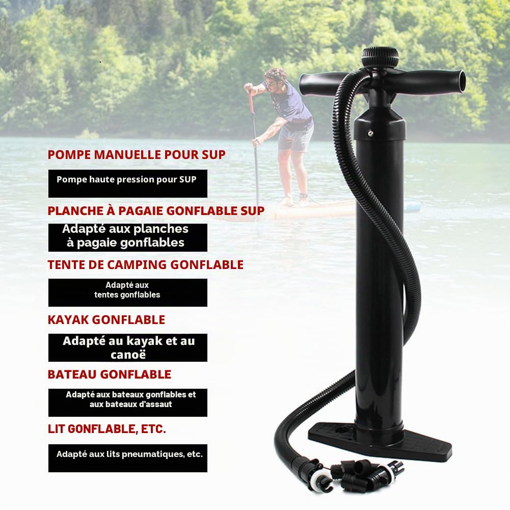 Pompe manuelle double action, pompe à main pour SUP max 1,8 bar (26 psi), pompe à air manuelle avec manomètre, super pompe haute pression avec 6 buses pour lits gonflables, kayaks, tente gonflable
