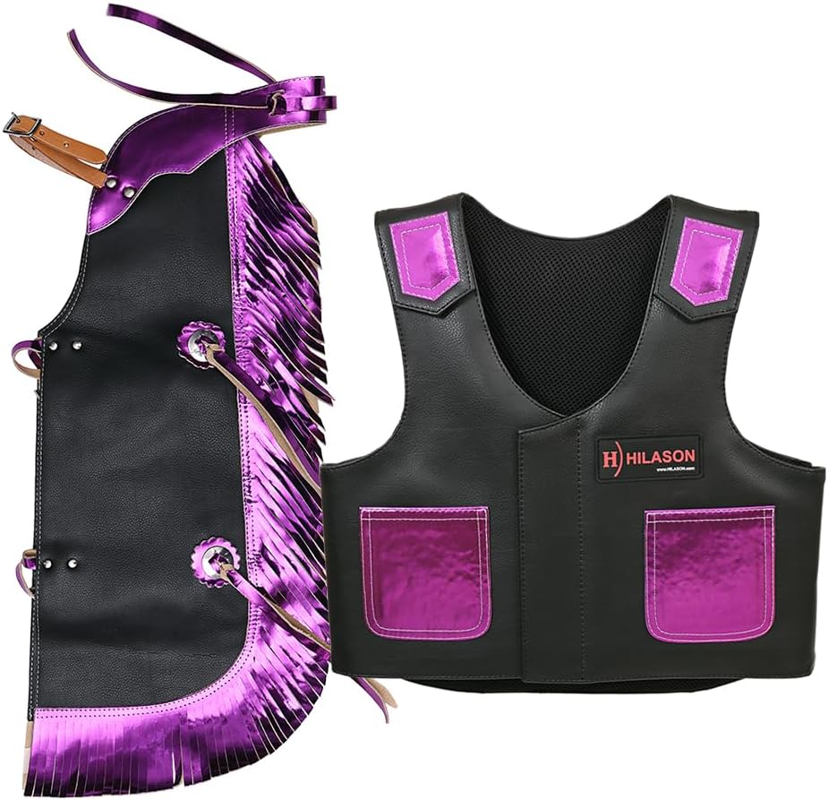 HILASON Junior Youth Bull Riding Pro Rodeo Leather Protective Vest Chaps Black with Purple | Bull riding chaps | Leather Vest