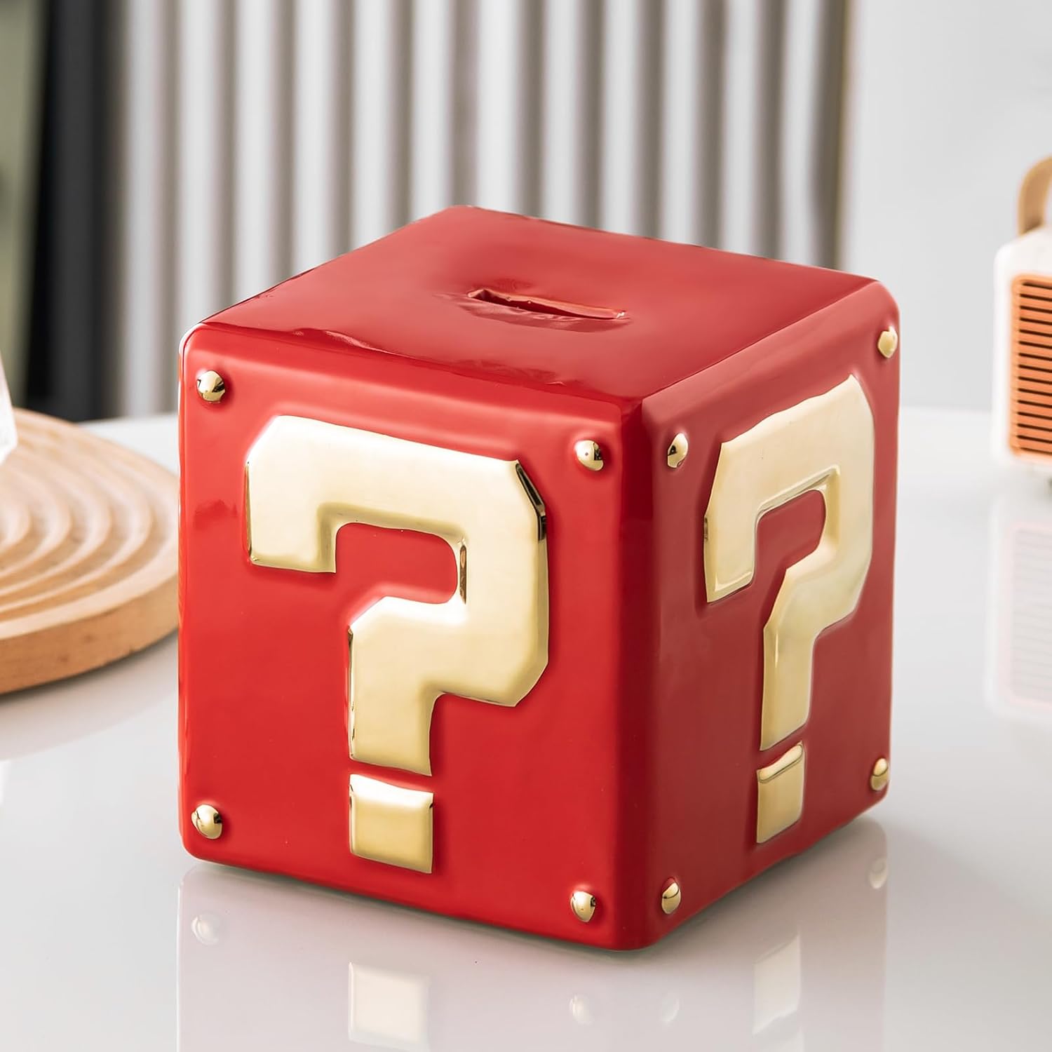 Yundu Ceramic Piggy Bank for Adults & Kids - Square Money Box for Cash Saving, Coin Bank with Golden Question Mark Design for Boys & Girls (Red Color)