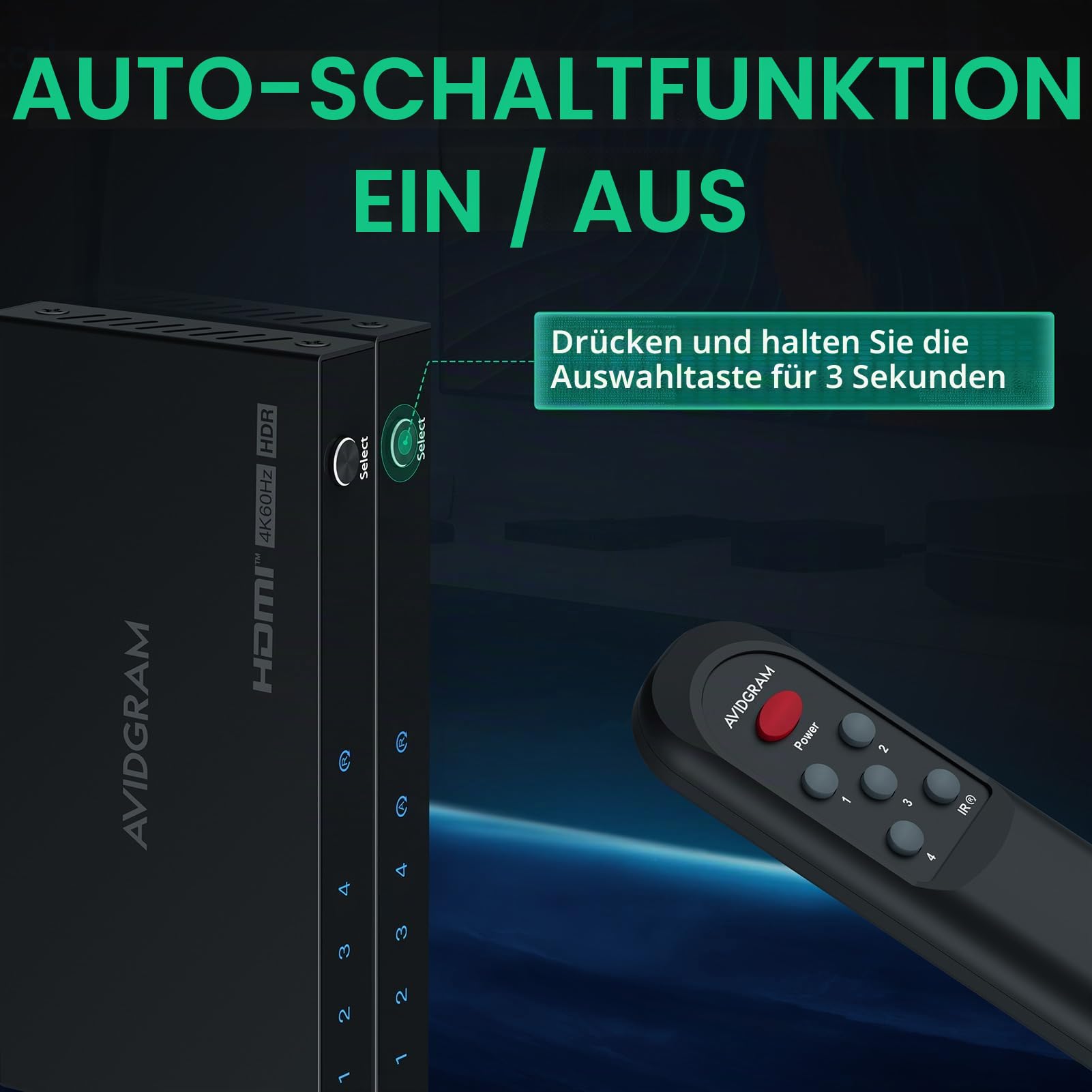 HDMI Switch 4K 60Hz, AVIDGRAM HDMI 2.0 Umschalter 4 in 1 Out, 4 Port Selector Box with IR Remote Control Support HDCP 2.2 HDR10 3D 18Gbps Compatible with Xbox PS4 HDTV Monitor