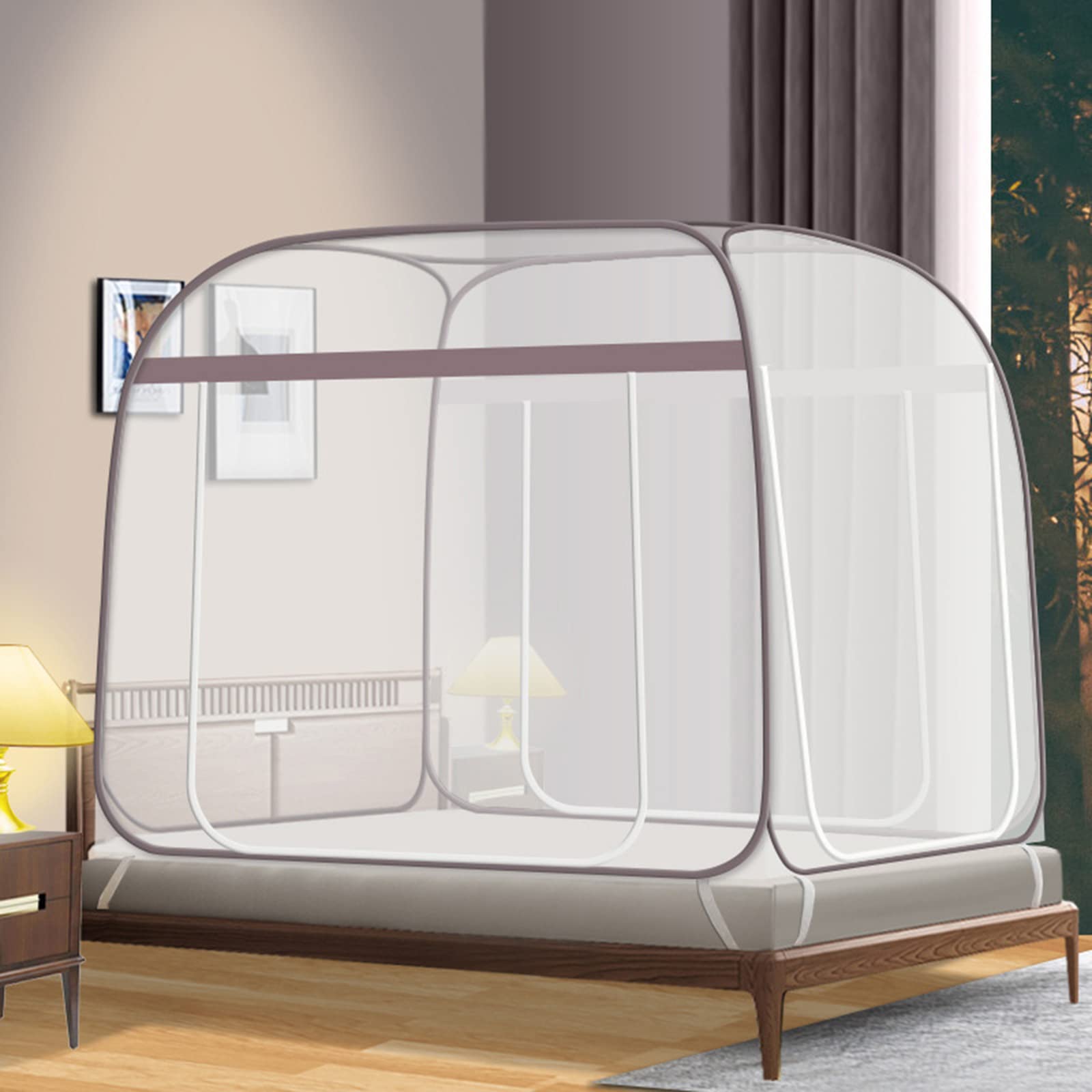 Moustiquaire, Lit À Baldaquin 3 Portes Haut Carré avec Fond Voyage Maison Anti Moustique Tente Pliable Pop Up Filet De Lit Autoportant Enfants Adultes Tente De Camping, 180x200cm,Grey