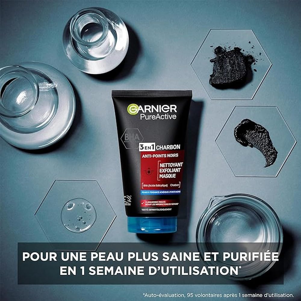 Garnier Maschera Punti Neri, Detergente e Scrub Viso Pure Active Intense 3 in 1 con Carbone Vegetale, 150 ml
