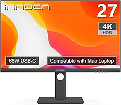 INNOCN Monitor 4K de 27 polegadas 3840 x 2160 tela LCD IPS, HDR400, USB C 65W, DP, HDMI, monitor de PC para laptop Mac, 1.07B + cores, alto-falantes embutidos, suporte ajustável de pivô/altura, preto