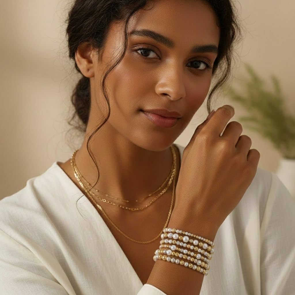 Gold Bracelets for Women Stackable 14K Gold Silver Plated Beaded Bracelets Stack Elastic Stretch Non Tarnish Bead Ball Stack Stretch Adjustable Dainty Jewelry Trendy Prom Gifts for Women - Image 3