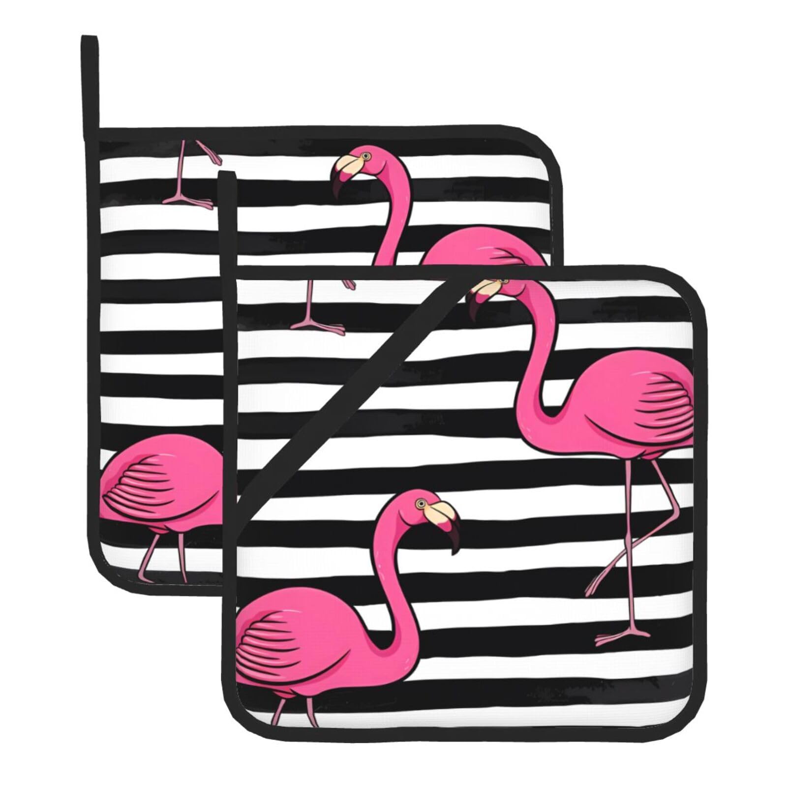 YYHWHJDE Pink Flamingo Prints Square Hot Pads for Kitchen Counter - Waterproof Pot Holders with Hanging Loop, Durable Trivets for Microwave Oven - 2 Pack