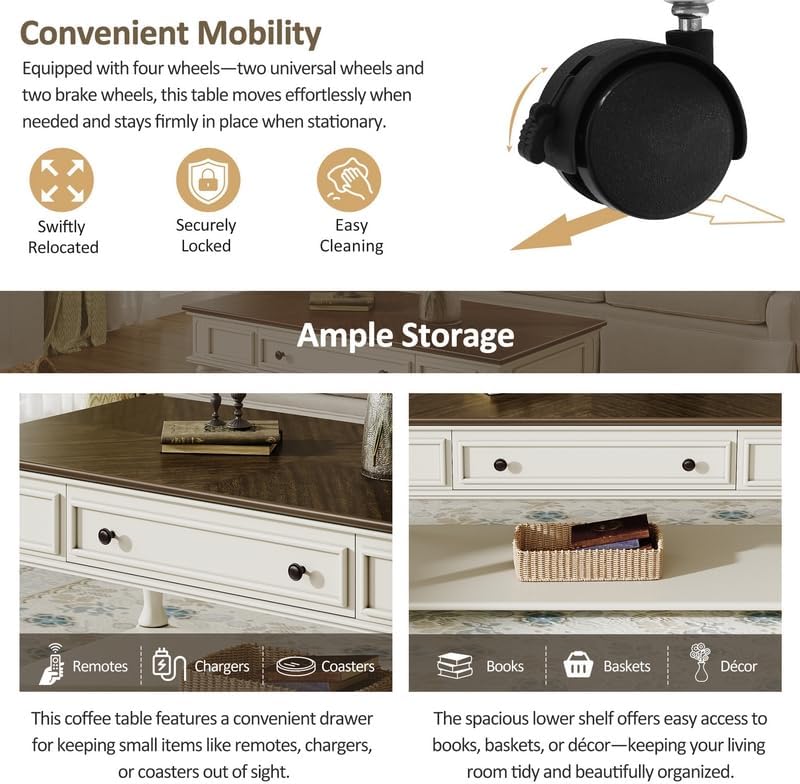 Merax Farmhouse Coffee Table with Drawer, Retro Movable Rectangular Cocktail Table with Lockable Wheels, Country Style Center Table for Living Room, Grey+White