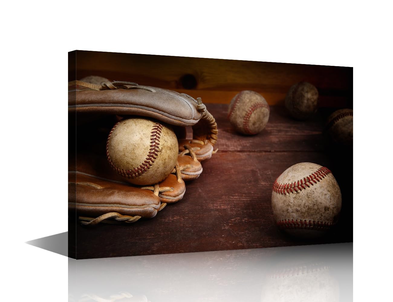 TISHIRON Vintage Baseball Paintings Baseball Glove on Wooden Table Pictures 1 Panel Canvas Wall Art for Living Room Sport Artwork Contemporary Home Decor Giclee Framed Ready to Hang(16" Wx24 H)