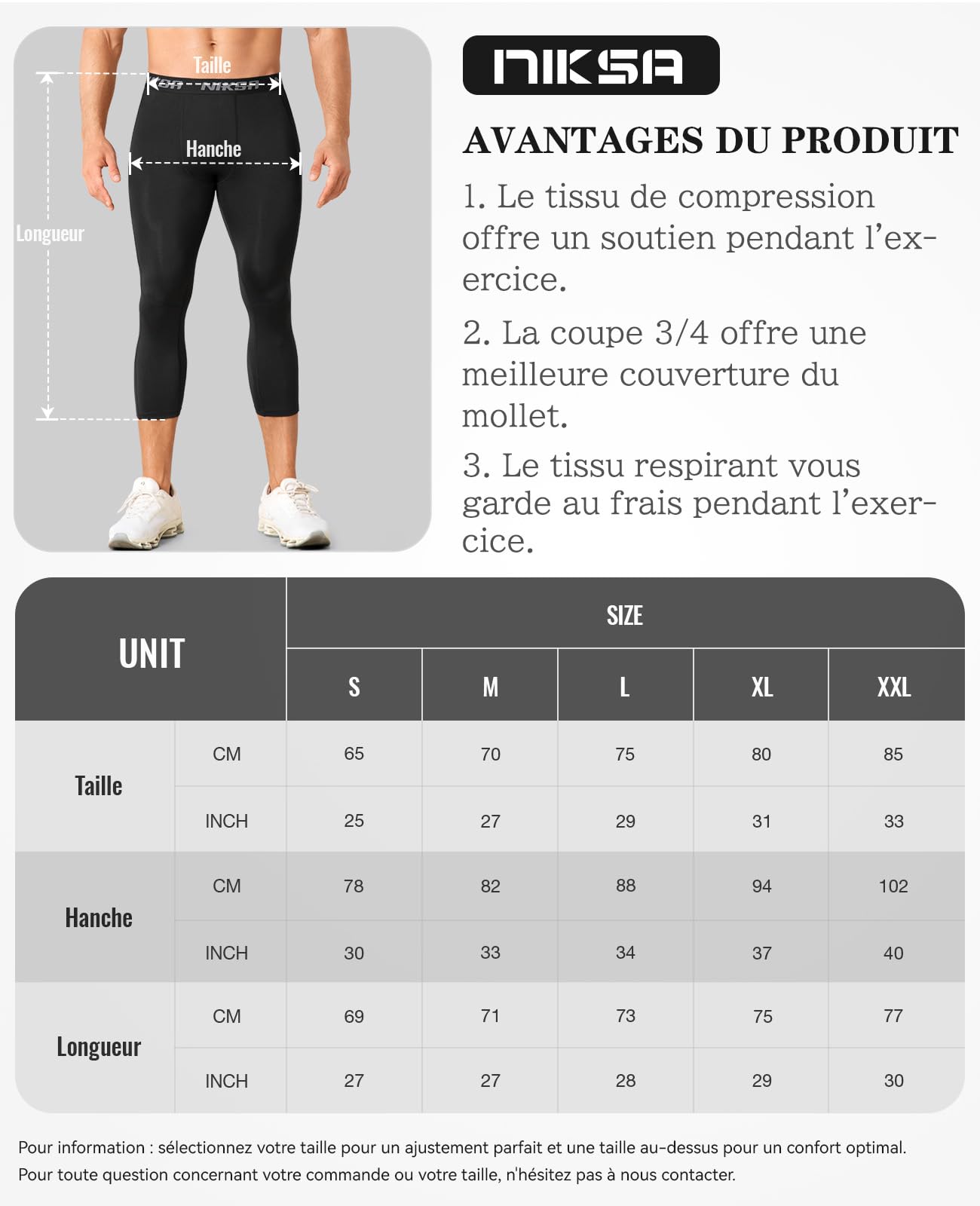 Niksa Pantalon de compression 3/4 pour homme - Pantalon de course - Legging de sport - Anti-transpiration - Séchage rapide - Respirant - Sous-vêtement fonctionnel pour football, basketball, fitness