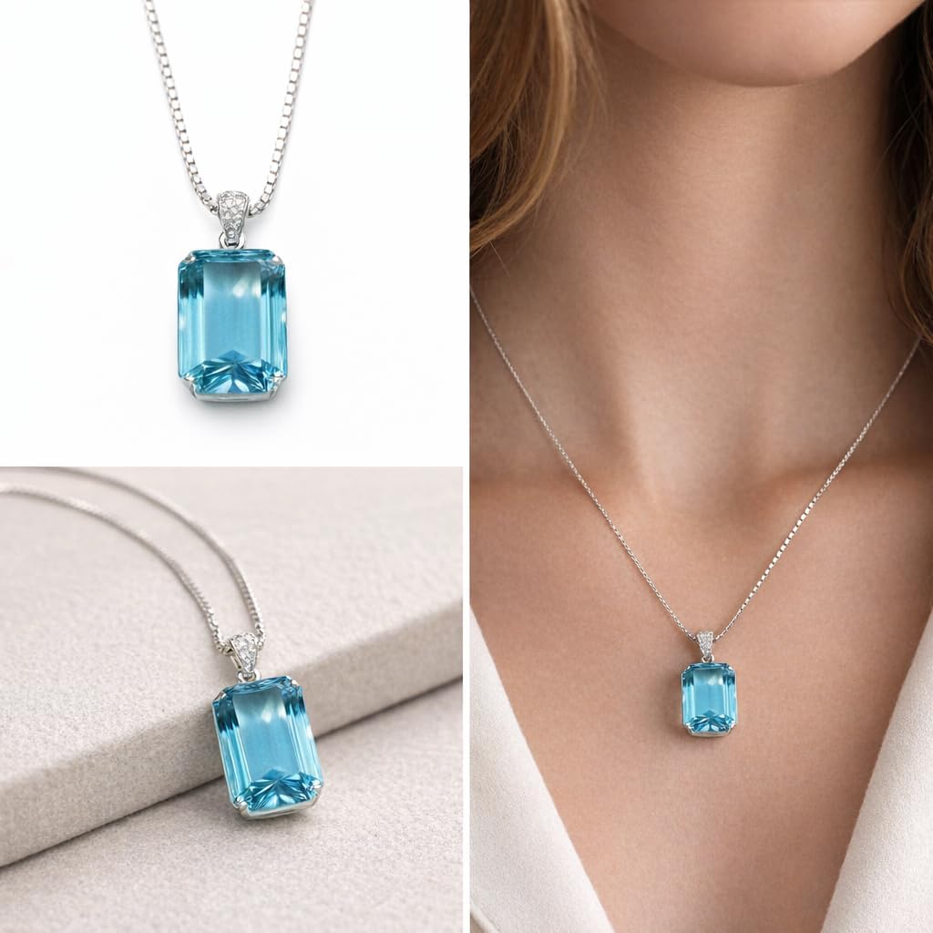 Kayra Handmade Blue Topaz Emerald Cut Pendant, Natural Swiss Blue Gemstone Necklace for Women, December Birthstone Jewelry
