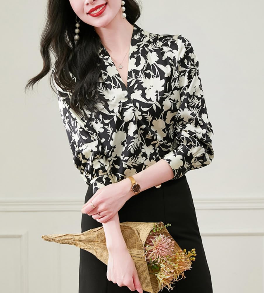 DISSA Blusa de seda para mujer, cuello en V, blusa de manga larga, camisa de seda, camiseta de flores, S3623