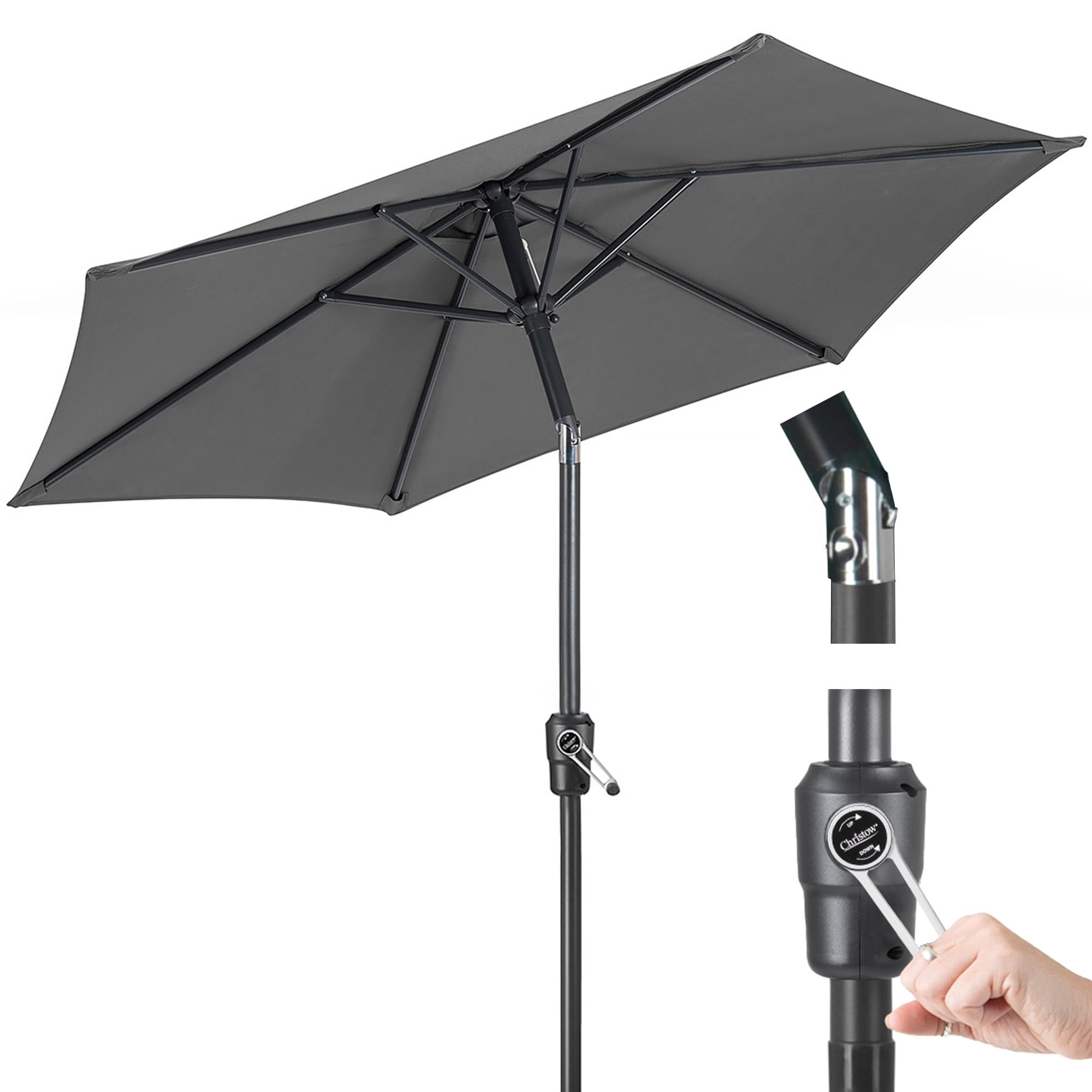 Christow Grey Tilting Garden Parasol, Aluminium Pole, 2.4M,