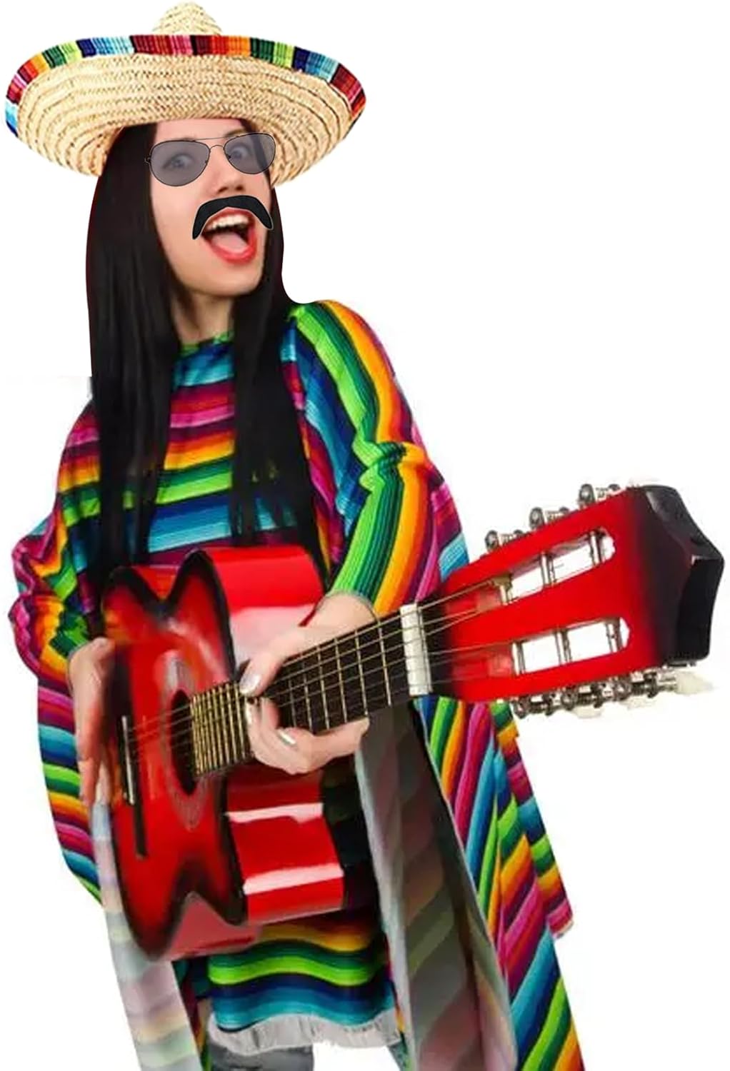 Mexican Poncho and Sombrero Set for Adults,7Pcs Mexican Party Costume Set Includes Fiesta Serape Poncho Sombrero Hat Sunglasses Fake Mustache Maracas Stick Prop for Cinco De Mayo Costume - Image 6