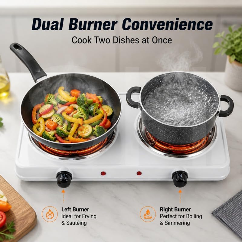 Image of Perfect 2000W Electric Double Burner Hot Plate Portable Dual Cooking Stove with Adjustable Temperature Control Compact Electric Cooktop for Home Office Travel With Warranty of 2 years
