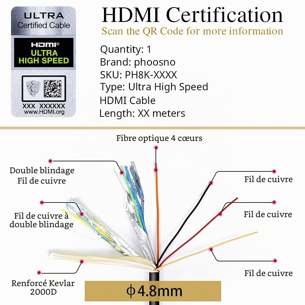 phoossno Câble HDMI 2.1 Fibre Optique 8K Certifié Gen 2 Câble HDMI Ultra Haute Vitesse 48Gbps HDR eARC HDCP2.2 2.3 Support 4K 120Hz 8K60Hz Compatible avec PS5 Xbox RTX3080/3090/LG C9/B9 (50FT)