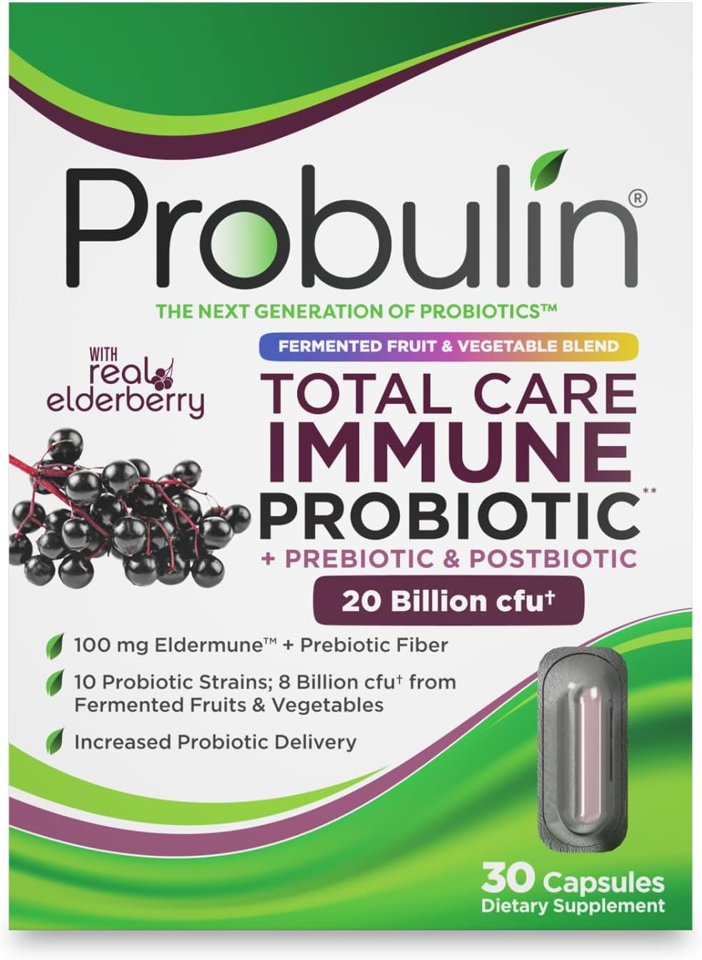 Probulin Total Care Immune = Prebiotics + Probiotics + Postbiotics + Elderberry to Support Immune & Gut Health - 20 Billion CFU - 10 Probiotic Strains, 30 Vegan Capsules