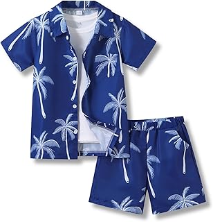 7-14 Years Boys Clothes 2 Piece Outfits Hawaiian Vacation Beach Short Sleeve Button Down Shirt and Shorts Sets