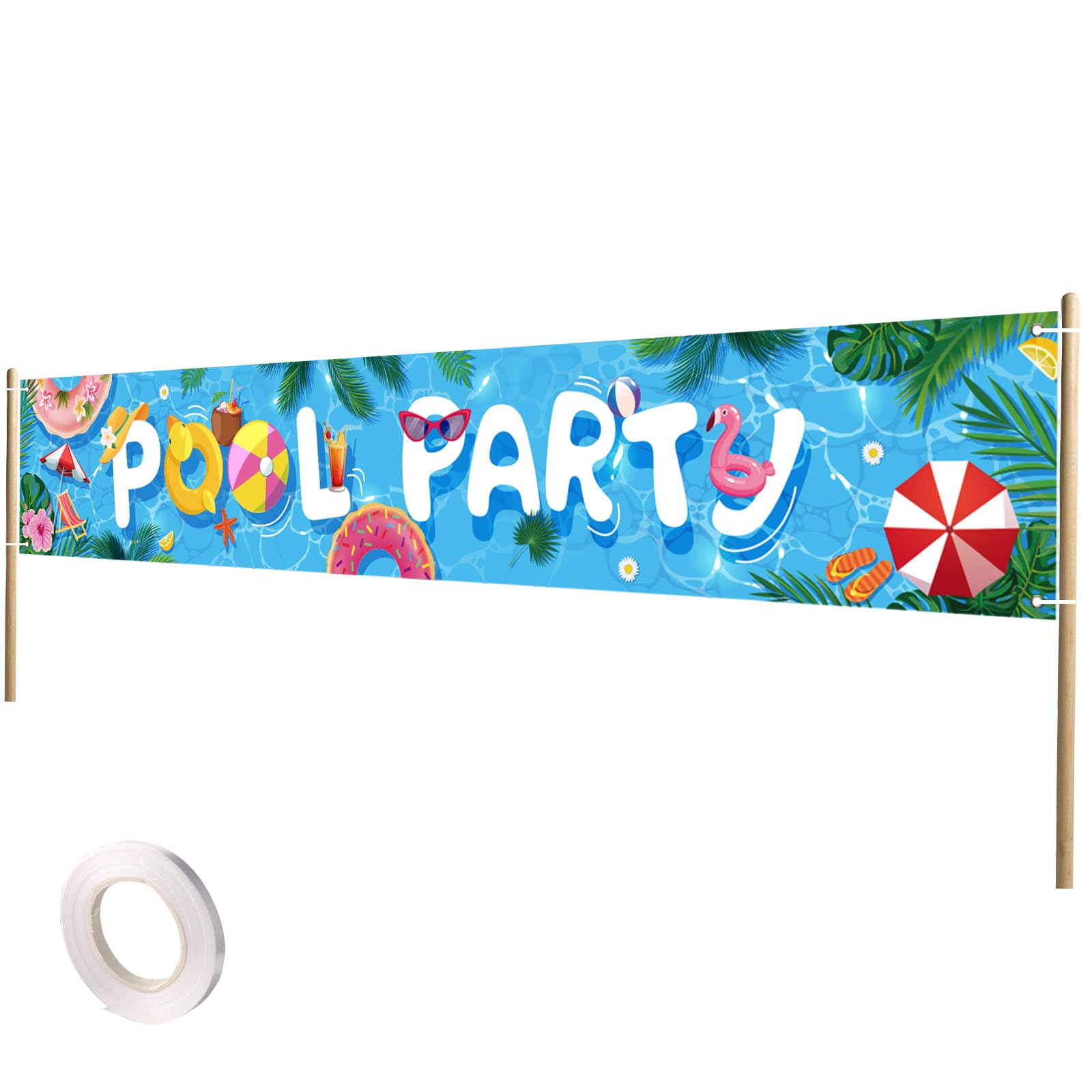 Large Pool Party Banner, 300x50cm/118x20 Inch Summer Birthday Pool Decorations with Rope Party Backdrop Banner Supplies for Photography Props