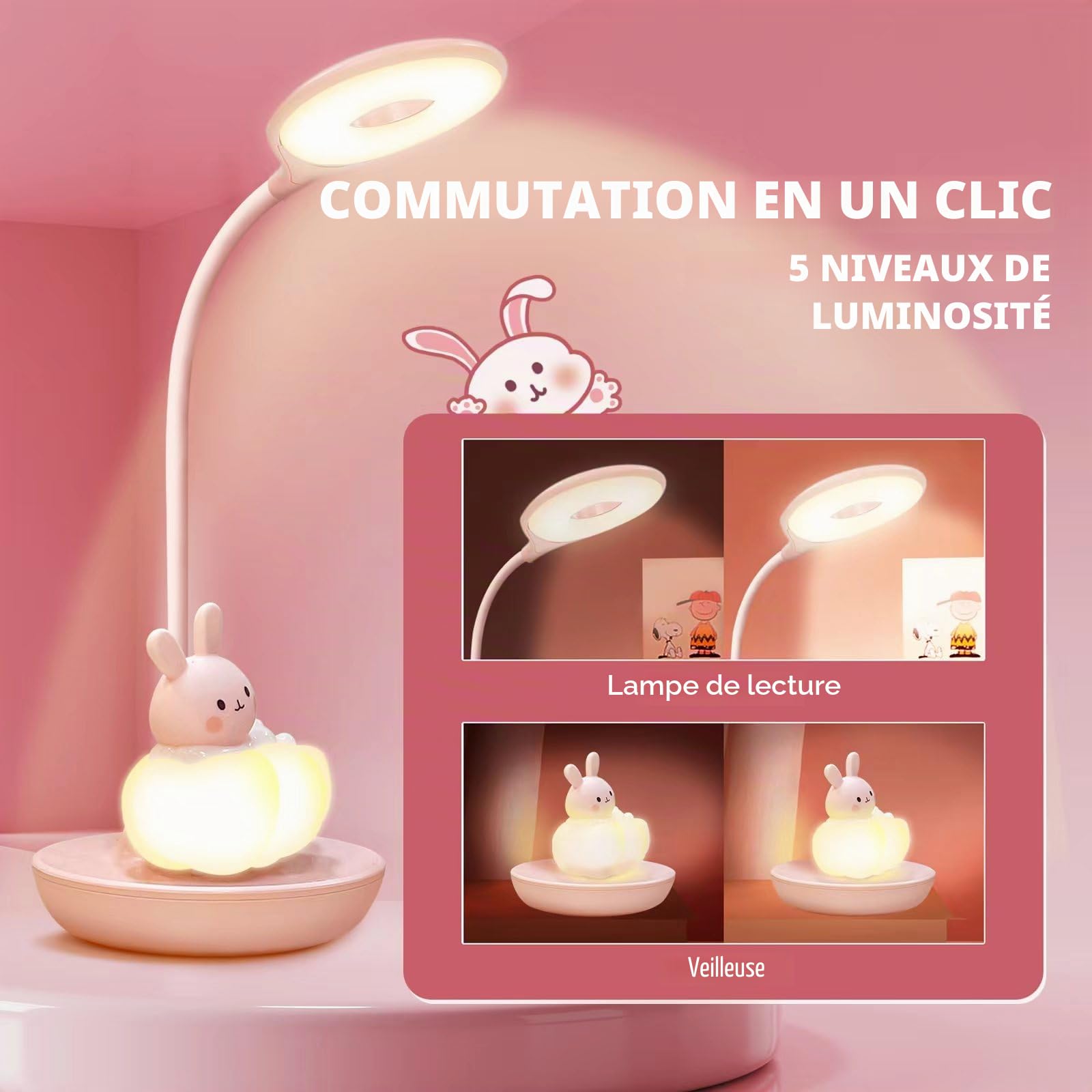 LED Lampe Bureau Enfant Fille, Lampe de Table 3 Niveaux de Lumière et 5 Combinaisons, Lampe de Bureau à toucher press Enfant pour fille, Lampe Kawaii Rechargeable Lapin Rose (ROSE)