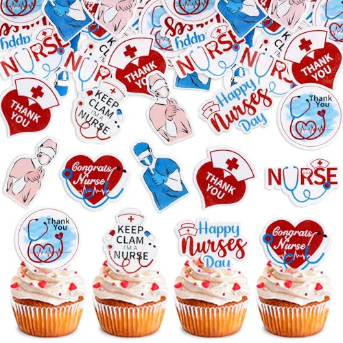 Ercadio 24 Pack Glitter Nursing Cupcake Toppers Nurse Graduation Cupcake Picks Medical Rn Themed Birthday Party Cake Decoration Supplies