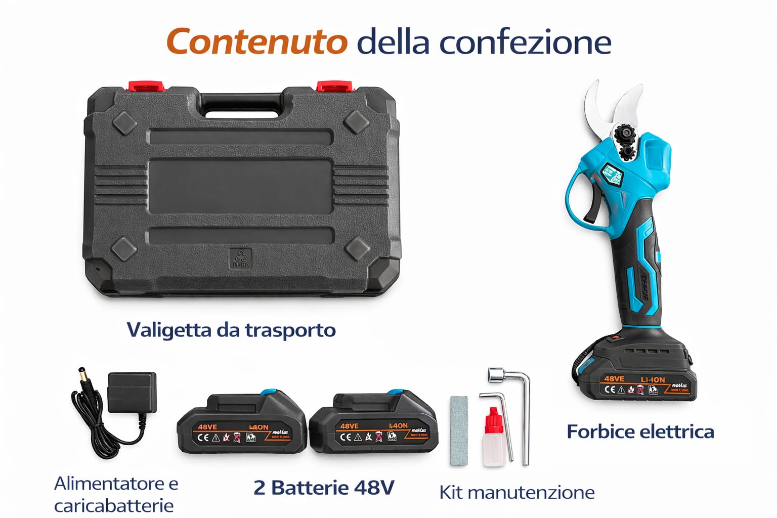 Forbice da Potatura, 2 anni di Garanzia, Doppia Batteria 48V, Kit accessori, Carica Batterie incluso, Cesoia da potatura Elettrica, Cesoie per Giardinaggio