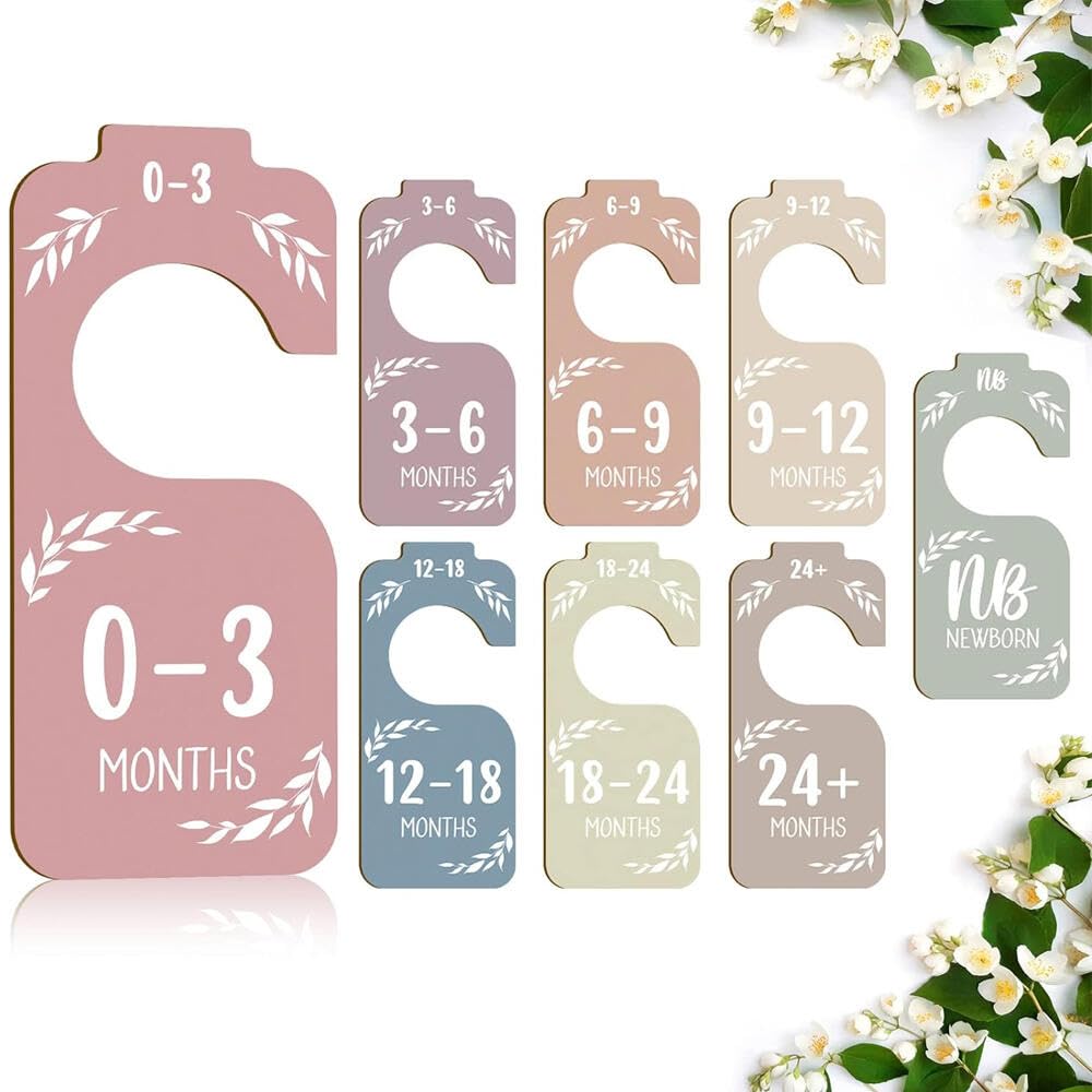 Amuer 8PCS Wooden Baby Closet Dividers for Clothes Organizer,Double-Sided Colorful Baby Closet Organizer Durable Baby Clothes Size Hanger Organizers from Newborn to 24 Months Best Gifts for Parents