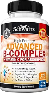 Vitamin B Complex with Vitamin C for Maximum Absorption - Methylcobalamin b12 & Folate Folic Acid Supplement - B1 B2 B3 B5 B6 B7 B9 for Immune Energy & Nervous System Support - Non-GMO, 120 count