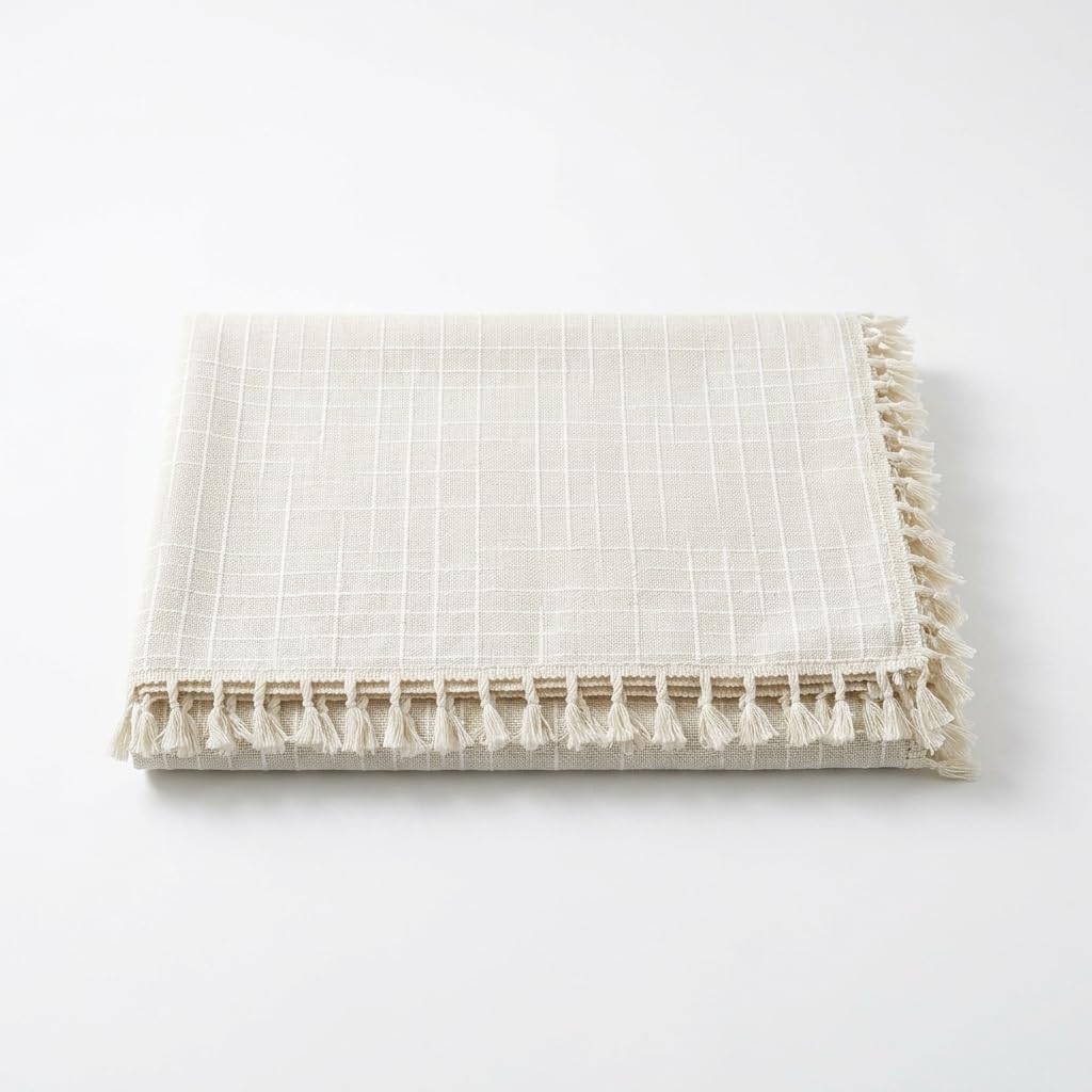 Mantel Antimanchas Rectangular, Mezcla Algodón Diseño Cuadros, Borlas Decorativas Modernas, 180x140 cm para Mesa, ZY思哲桌布-米白, Size to 1