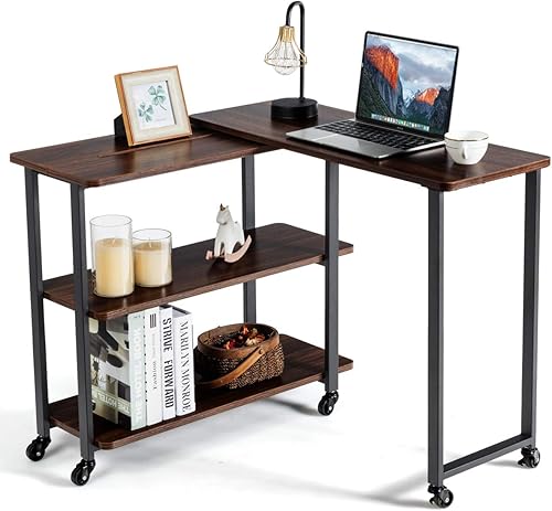 KOTEK Mesa auxiliar giratoria de 360 para sofá, escritorio esquinero patentado en forma de L con estante de almacenamiento de 2 niveles, mesa