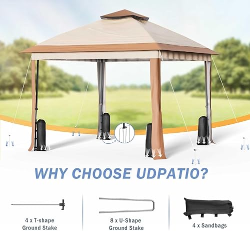 Miniatura 5 de UDPATIO Gazebo desplegable de 11 x 11 pies, para patio al aire libre, impermeable, con mosquitera, para césped, jardín, patio trasero y cubierta,