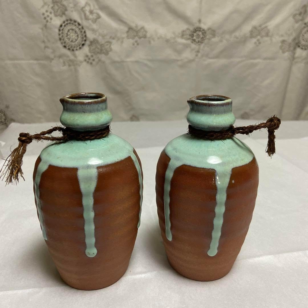 陶器の徳利 茶色と水色のグラデーション 花瓶にも… 明治時代頃の龍