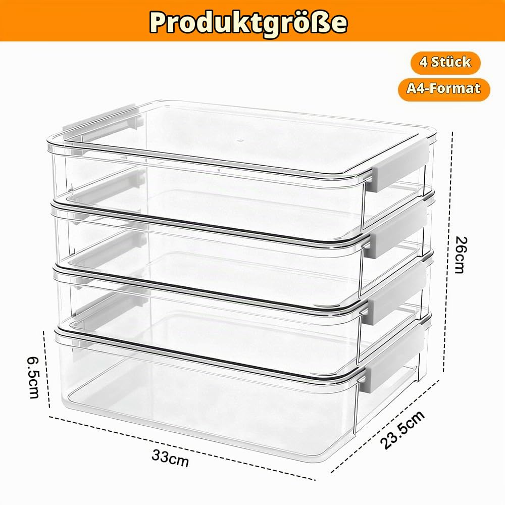 4 Pack Schreibtisch Organizer Dokumentenbox A4 Aufbewahrungsbox mit Deckel 34,5x23,5x6,5cm Tragbares Klick-Design Papieraufbewahrung stapelbare Stiftebox Plastikbox für A4 Papier Organisation