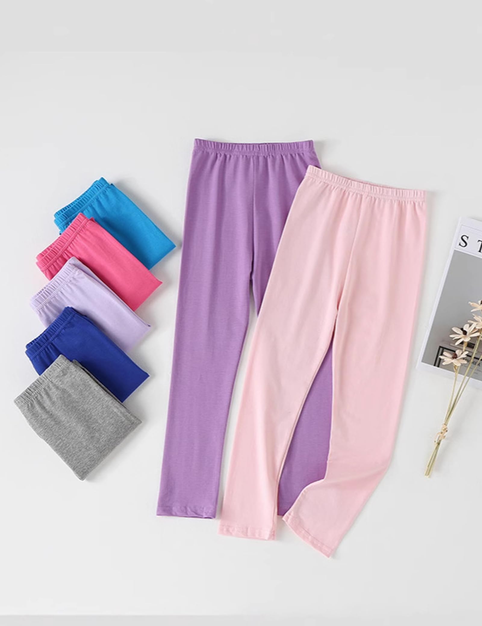 Kiench Mädchen Leggings Baumwolle Lange Kinder Hosen Einfarbig 7er-Pack