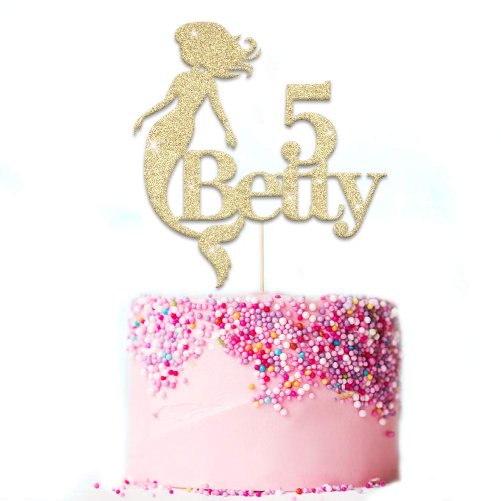 PERSONALISED Girls Birthday Cake Topper - Personalise with ANY NAME and ANY AGE - Made from Non-shed Double Sided Glitter Mermaid Cake Decoration(Champagne Gold) — image 1