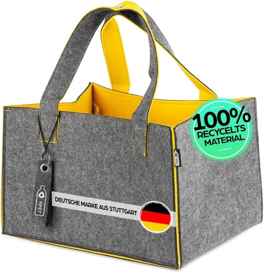 TANNDESIGN - Einkaufskorb & Kaminholzkorb aus recycelten Plastikflaschen (Filz-Tasche) - Holz-Korb für Brennholz & Kaminholz - Shopper Einkaufskorb für Einkaufen & Alltag - Tragetasche 31L (groß)