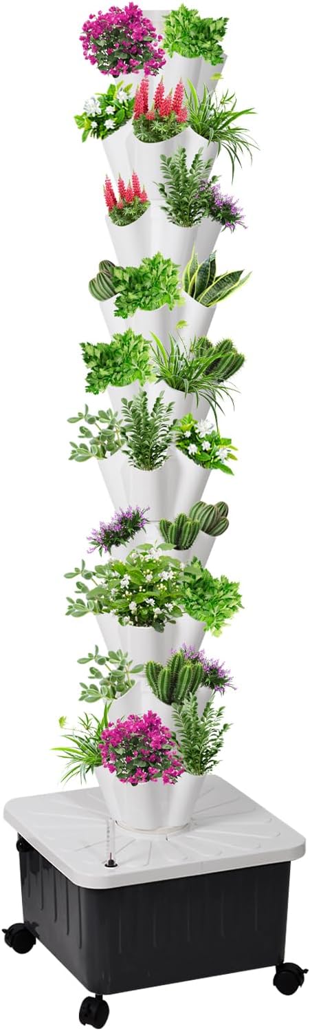 Hydroponic Tower Starter Kit,10-Layer 50 Slots Aeroponic Tower,Tower Garden Growing System with Wheel,Timer Automatic Watering,16Lx16Wx61.8H in