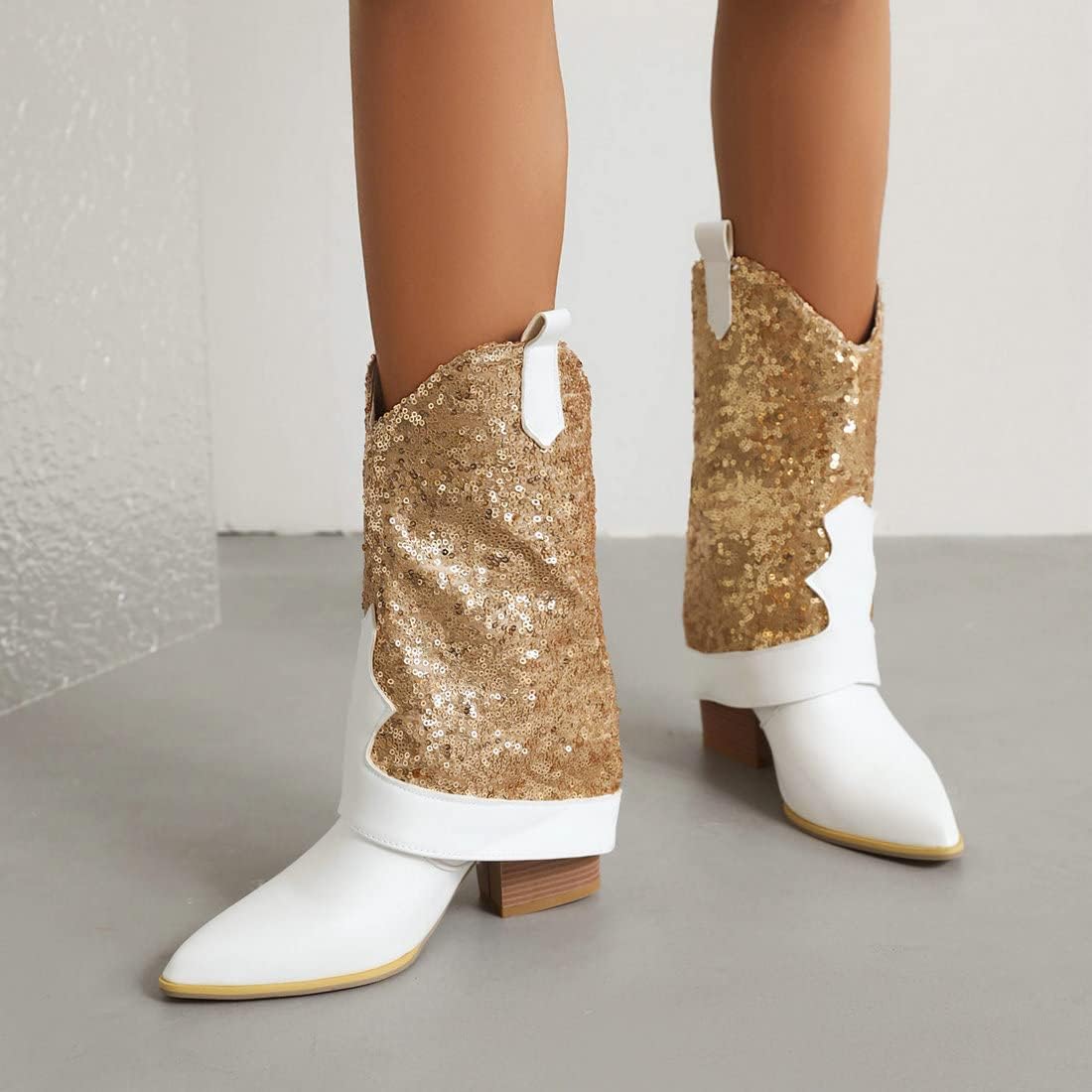 KiutSymo Sparkly Mid Calf Cowgirl Boots For Women Pointed Toe Pull-on Tabs Sequins Cowboy Boots