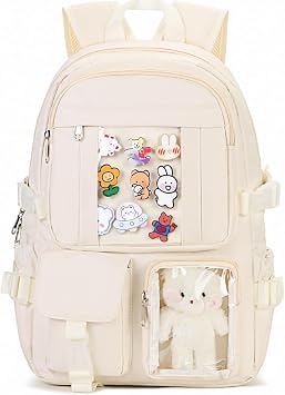 PRLINJSK Kawaii Backpack for Teen Girls | Cute Aesthetic High Middle School College Bookbag with Accessories, Beige