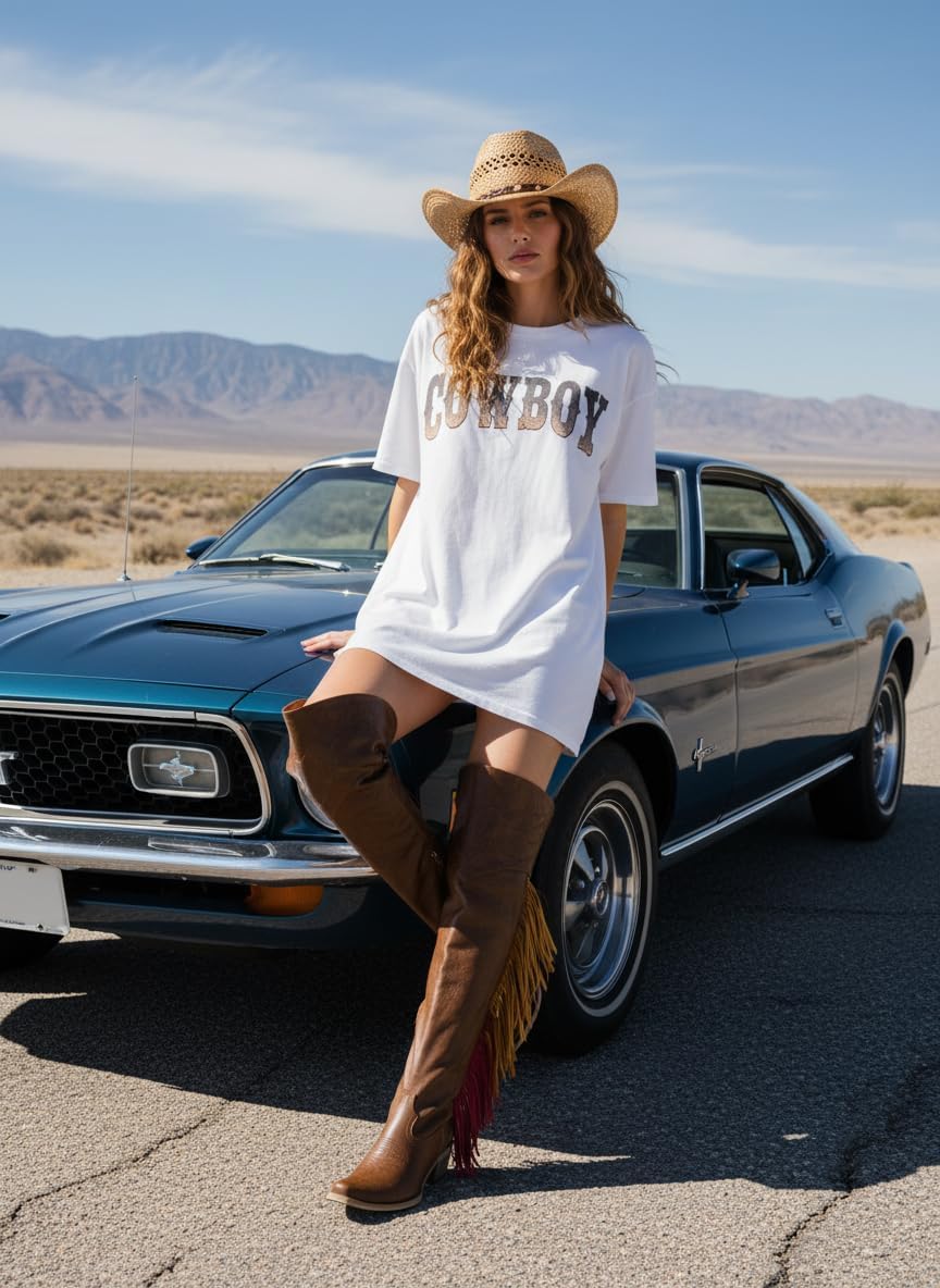 MissHeel Over Knee Cowboy Boots for Women with Fringe Adjustable Thigh High Cowgirl Boot