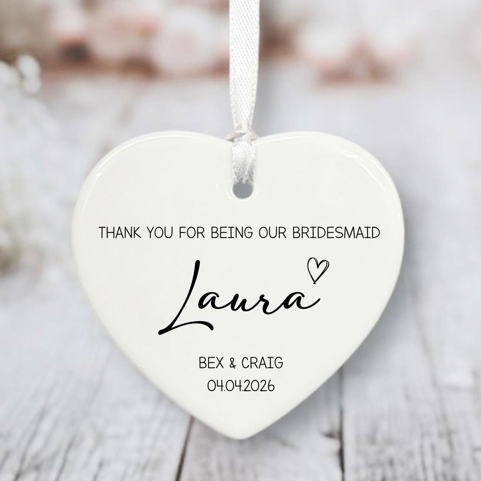 Luck And Luck White Personalised Porcelain Special Bridesmaid Gift, Custom Hanging Heart, Wedding Keepsake, Ceramic Heart Ornament, Bridesmaid Favour