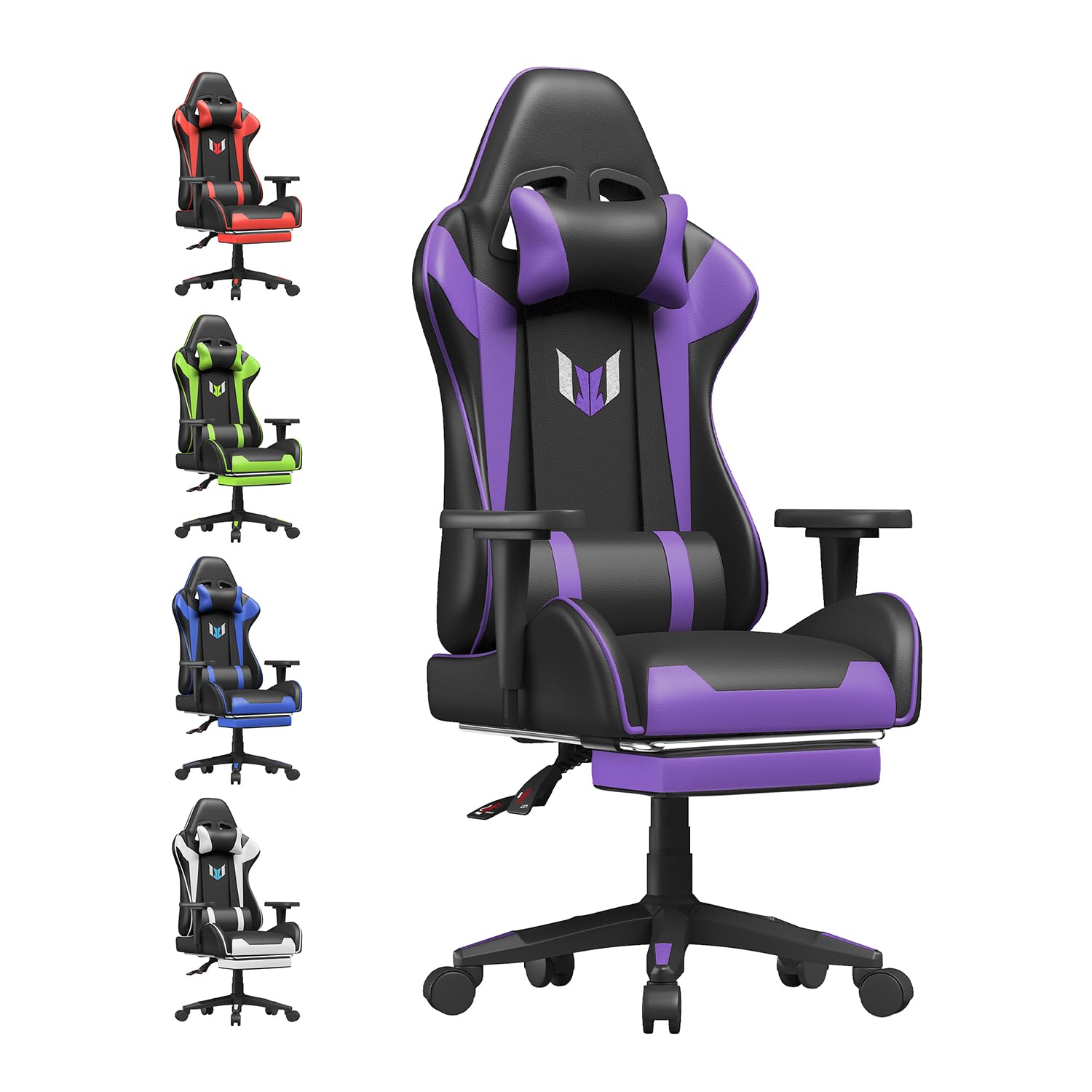bigzzia Silla Gaming,Silla de Oficina Ergonómica,Piel de PU Sillón para Gamer con Cojín Lumbar y Reposacabezas,Gamer Sillón Altura Ajustable para la Oficina de Casa (con reposapies,púrpura)