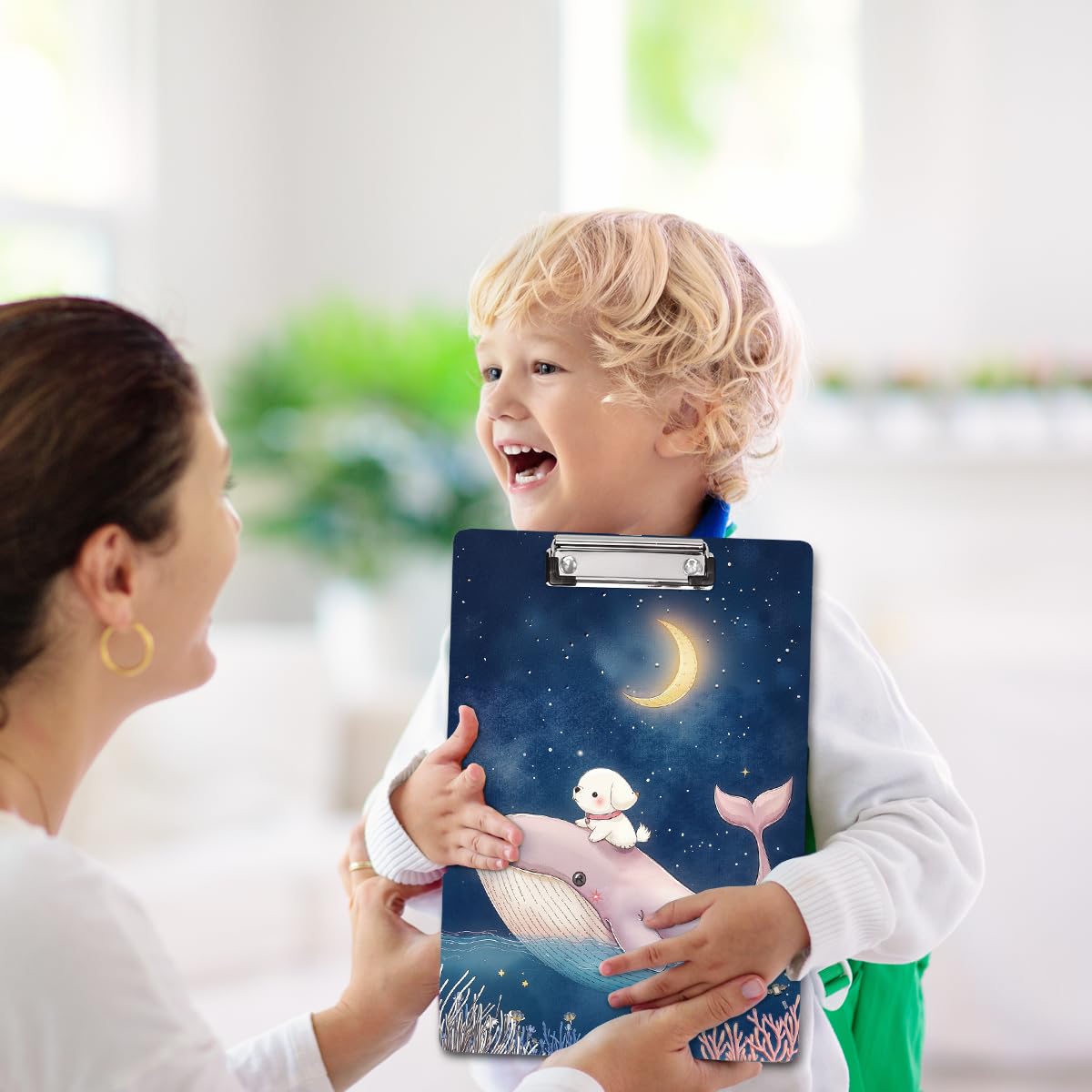 WAVEYU Cute Clipboard, Wooden Hardboard Decorative for Office Supplies, Fashion Nursing Clip Board with Low Profile Metal Clip, Chic Designed for Standard Size(12.5"x9"), Pink Dolphin Pattern