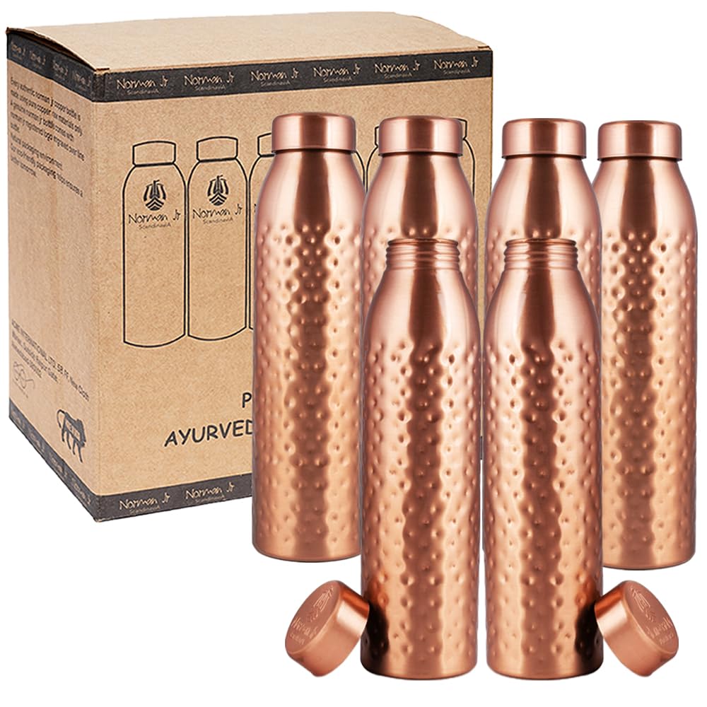 NORMAN JR Copper Water Bottle 1L - Gift Box of 6 Hammered an Ayurvedic vessel made of pure
