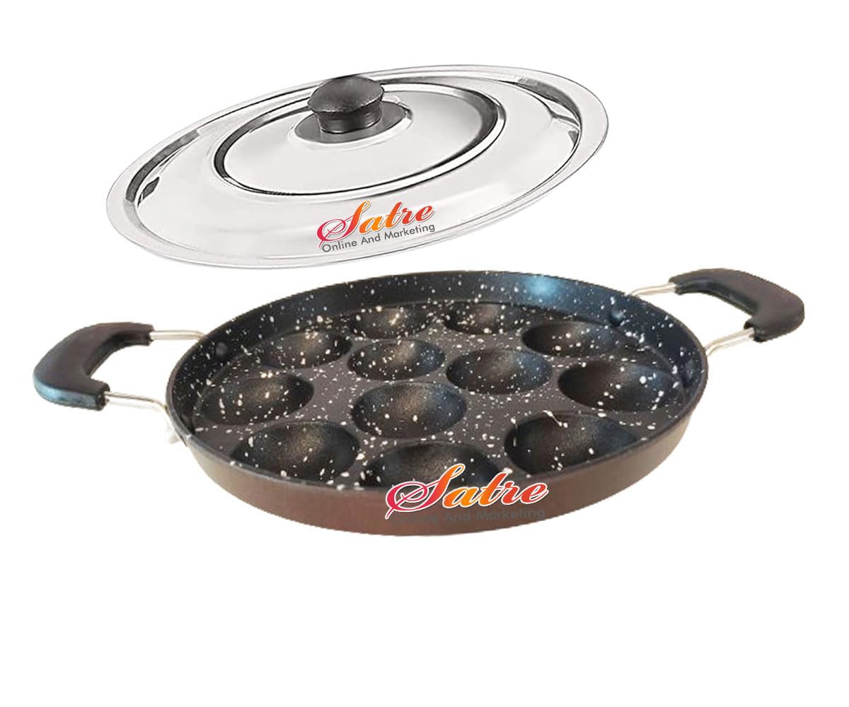Satre Online And Marketing Padella antiaderente con coperchio in acciaio, 12 pits Appam Maker con coperchio, Appa Chetty Paniyaram Pan Patra Tawa antiaderente set di 1