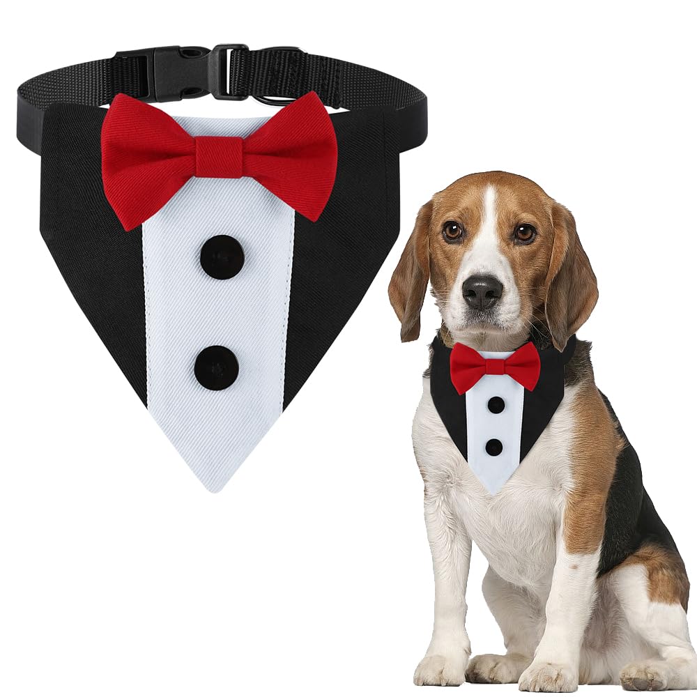 Dog Tuxedo,Formal Wedding Dog Bandana Adjustable Collar with Bowtie,Small Medium Large Boy Dog Wedding Grooming Birthday Party Gift DOGTACT (Small,