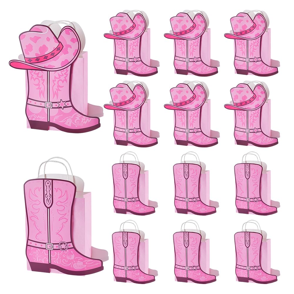 PH PandaHall 12pcs Cowboy Boots Hat Bags Western Party Favors Bag Wild West Goodie Paper Bags Pink Kraft Gift Bag with Handles for Birthday Bachelorette DIY Party Decor Supplies, 8x16x20cm