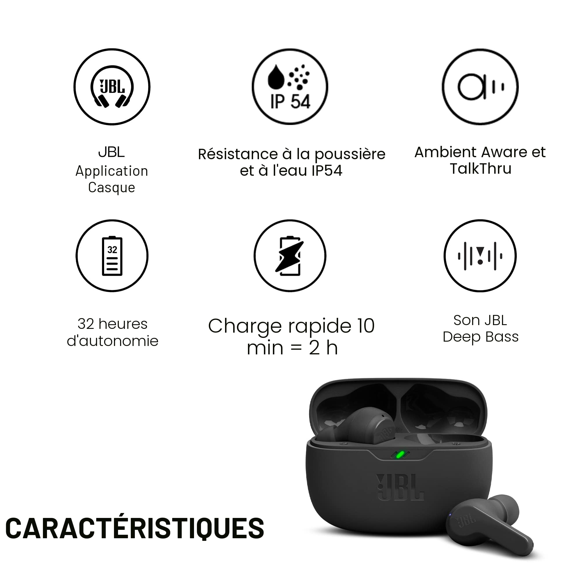 JBL Wave Beam, Écouteurs Intra-Auriculaires sans Fil, Résistance à l'Eau IP54 et IPX2, Appels Mains Libres et Batterie à Autonomie de 32 heures, en Noir