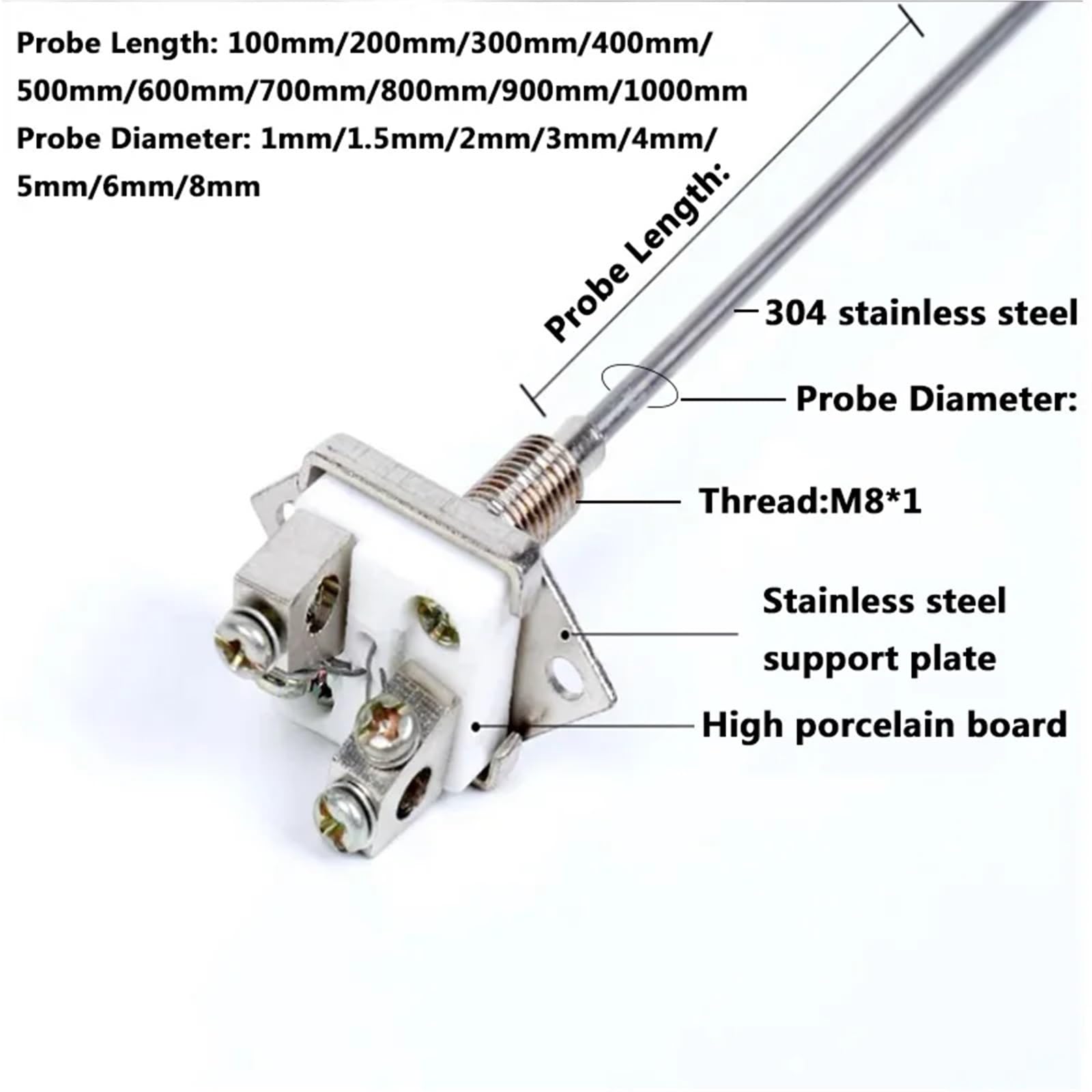 WRNK-101 K termopara czujnik temperatury sonda 1 mm//2 mm/3 mm-8 mm średnica 100/200/300 mm 0-1000℃ 1 szt. (średnica sondy 6 x 200 mm)